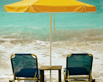 Beach Photography - yellow beach umbrella chairs summer photography 8x10 11x14 16x20 yellow and teal blue wall decor 5x7 ocean sea "Umbrella