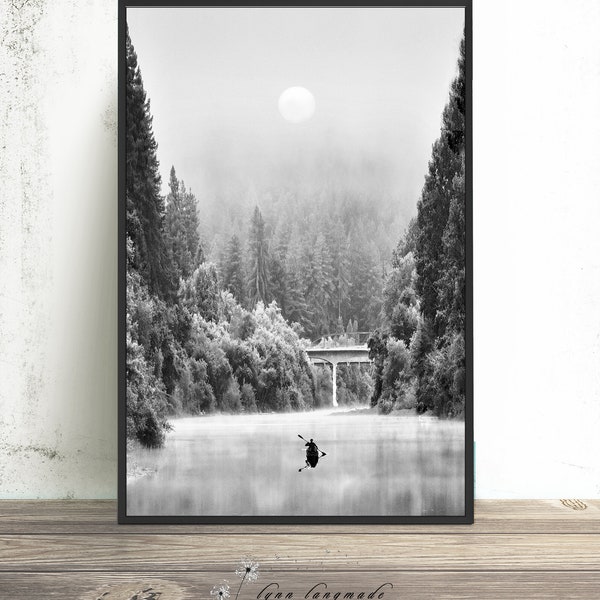 Relaxing Wall Art - River Print in Black and White, Foggy River Wall Decor, Large Nature Print, 40x60, 30x40