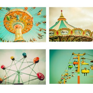 May include: A collection of four vintage-style photographs featuring amusement park rides. The images showcase a carousel, a Ferris wheel, a swing ride, and a gondola lift, all set against a sky background. The color palette includes muted tones.
