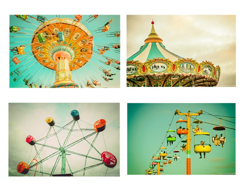 May include: A collection of four vintage-style photographs featuring amusement park rides. The images showcase a carousel, a Ferris wheel, a swing ride, and a gondola lift, all set against a sky background. The color palette includes muted tones.