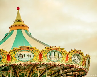 Nursery Photography - blue yellow carousel nursery print 8x10 photo beach boardwalk carnival photography beach decor 11x14 "Round and Round"