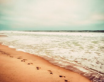 Beach Photography - ocean photograph, footprints in the sand, California, beach decor, beach wall art - blue photo - "Evanescent"