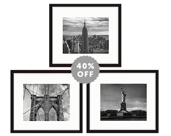 New York Prints - set of 3 prints, new york black and white photo, brooklyn bridge empire state building statue of liberty, gallery wall set