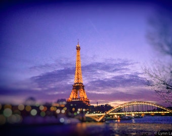 Paris Photography - Eiffel tower lights violet river 8x10 prints paris night photography bokeh sparkly paris wall decor 11x14 "Violet Night"