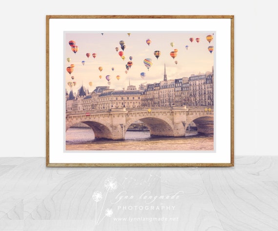 Whimsical Decor  -  Hot Air Balloons over the Seine River in Paris, Whimsical Paris Wall Art