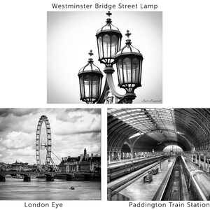 Puede incluir: Fotograf&iacute;as en blanco y negro de Londres. Arriba, una farola del puente de Westminster. Abajo a la izquierda, el London Eye. Abajo a la derecha, la estaci&oacute;n de tren de Paddington.