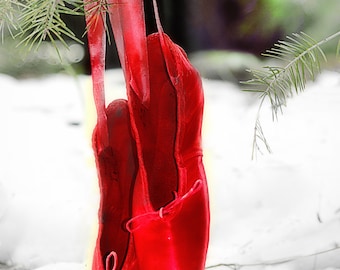 Nature Photography - red ballet shoes snow 8x10 valetine gift pointe shoes winter photography ballet wall art 11x14 red white - "Red Shoes"