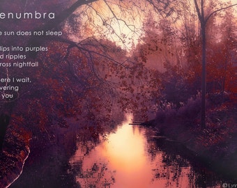 Typography Prints - poetry, love, typography art, river in evening fog, romantic, purple and pink, love poem, purple wall decor - "Penumbra"