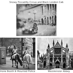Puede incluir: Fotograf&iacute;as en blanco y negro de Londres. Incluyen Piccadilly Circus nevado con un taxi negro, la polic&iacute;a montada y la Abad&iacute;a de Westminster.