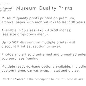 Op de afbeelding: Witte tekst op een witte achtergrond adverteert "Museumkwaliteit Prints" van Gan Langmade Photography. De tekst beschrijft archiefpapier, 15 formaten (ca. 10x15cm - 102x152cm), kortingen en inlijstopties zoals canvas en metaal.