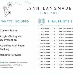 May include: An informational chart titled Lynn Langmade Fine Art detailing product inclusions like a custom frame, acrylic glazing with UV protection, acid-free kraft paper backing, and hanging hardware, alongside a list of print sizes in inches.