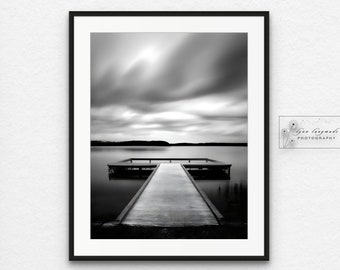 Serene Lake Photography - Black and White Fine Art Long Exposure Print of Lake Dock, Modern Wall Decor