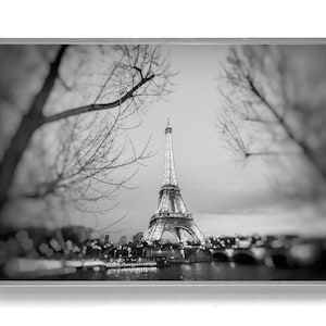 Parisian Decor - Black and White Art, Eiffel Tower at Dusk, City of Lights, Paris at Night, Paris Canvas, French Landmark France Photography