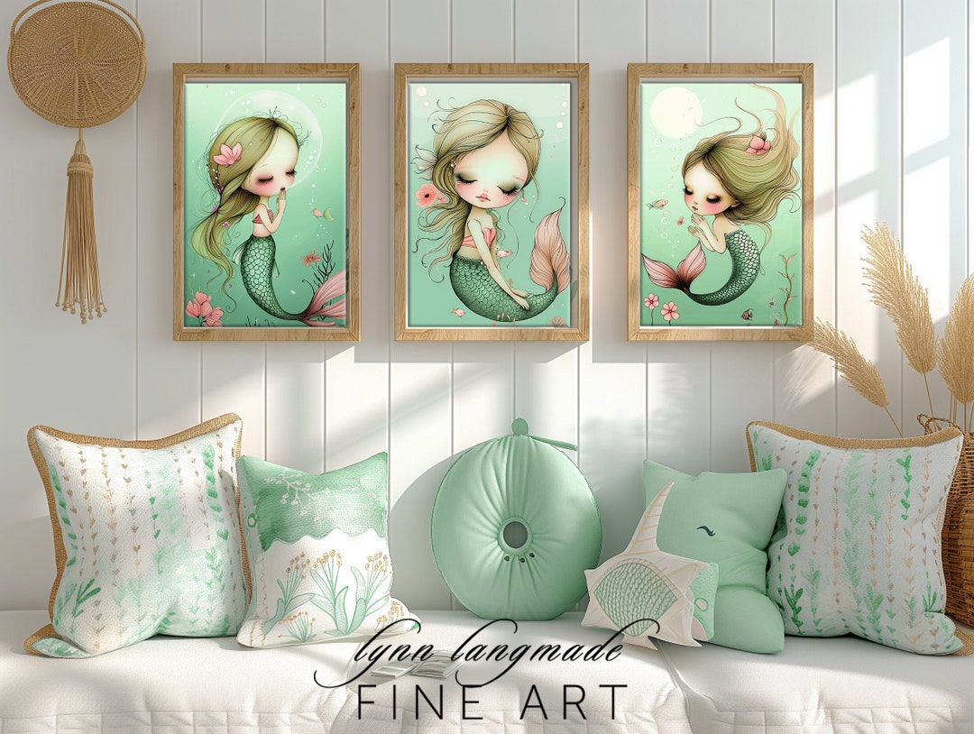 Mermaid Print Set for Girls Room & Nursery Wall Art - 3 Dreamy ...