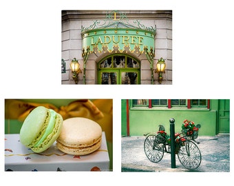 Green Paris Print Set - set of 3 green prints 8x10 laduree bicycle mint green macarons whimsical paris photography 11x14 paris wall art 5x7