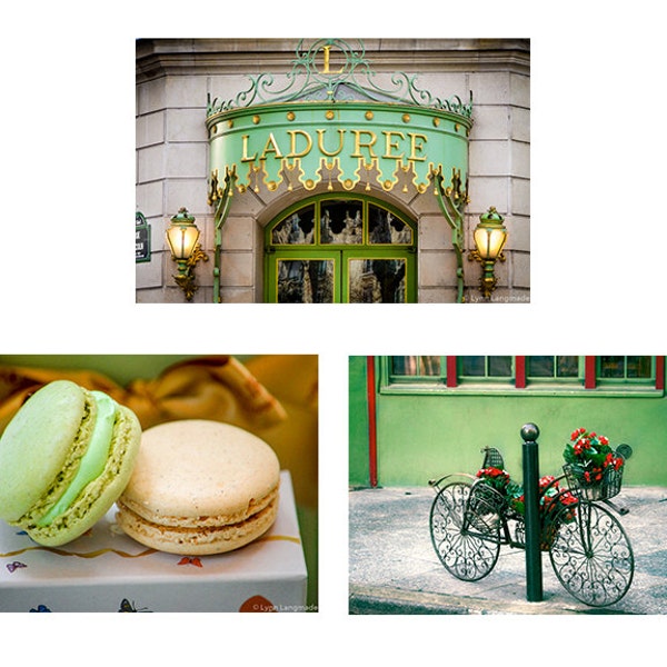 Green Paris Print Set - set of 3 green prints 8x10 laduree bicycle mint green macarons whimsical paris photography 11x14 paris wall art 5x7