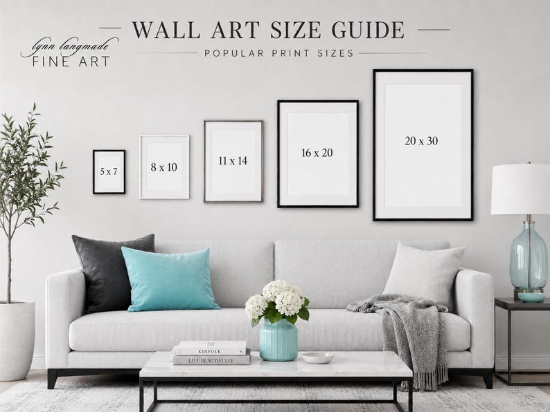May include: A wall art size guide graphic featuring five black frames labeled 5x7, 8x10, 11x14, 16x20, and 20x30 inches. The text reads WALL ART SIZE GUIDE and POPULAR PRINT SIZES, with the Lynn Langmade Fine Art logo in the upper left corner.