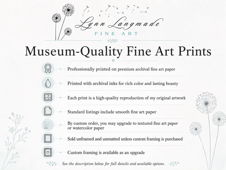 May include: An informational graphic titled Lynn Langmade Fine Art Museum-Quality Fine Art Prints. It lists features including archival paper, archival inks, high-quality reproductions, smooth paper, custom textured paper options, and framing availability.