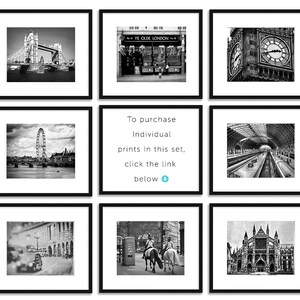 Puede incluir: Un conjunto de nueve impresiones enmarcadas en blanco y negro con emblem&aacute;ticos monumentos de Londres. Las im&aacute;genes incluyen el Tower Bridge, el Big Ben, el London Eye y un letrero de metro vintage. Texto: "Para comprar impresiones individuales en este conjunto, haz clic en el enlace de abajo."