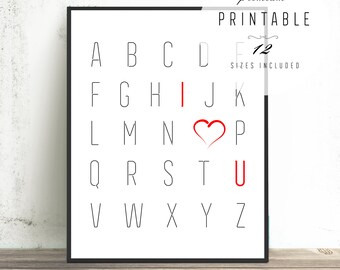 Printable Valentines Gift - I Love You Word Art, Alphabet Poster, Kids Valentines Gift, Minimalist Black and White Art, Gifts for Husband