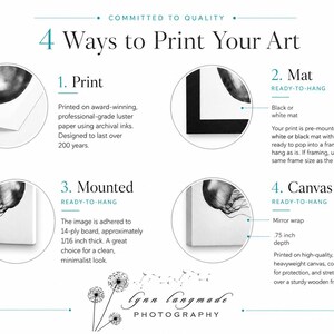 以下が含まれることがあります： 「4 Ways to Print Your Art」と題された情報グラフィック。印刷、マット、マウント、キャンバスの印刷オプションを詳述。各オプションはテキストと視覚的な例で説明されています。画像には写真家の名前が含まれています。