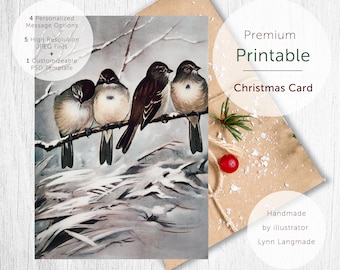 Christmas Printable - 5x7 Folded Card Template, Sparrows in Snow, Christmas Card, Xmas Cards, Vintage Christmas, Holiday Photoshop Template