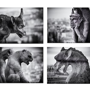 Gargoyles Print Set - Set of 4 Prints of Paris Gargoyles, Notre Dame Architecture, Gargoyle Halloween Decor, Gothic wall art 8x10 11x14 5x7
