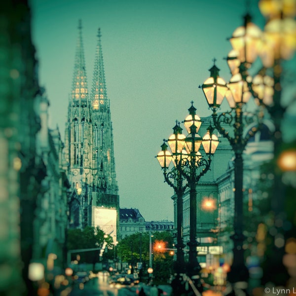 Travel Photography - votive church night vienna photography teal blue 8x10 blue wall decor travel wall art, vienna wall decor  "Rainy Night"