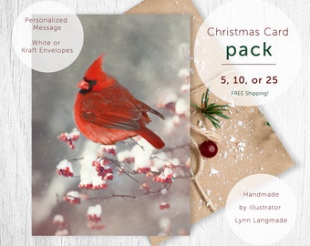 Christmas Cards Pack - Personalized Christmas Card & Kraft Envelope, Red Cardinal in Snow, 5x7, 25 pack, 20 Christmas Cards, Red and White