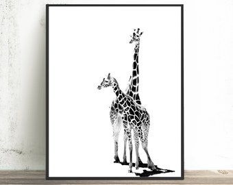 Giraffe wall art - Giraffe gift, minimalist giraffe print, gift for mom, giraffe lover gift, black and white,baby giraffe 20x30 "The Mother"