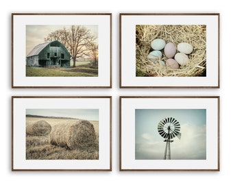 Blue Farmhouse Kitchen Wall Decor - A Set of 4 Country Photography Prints w/ Barn, Hay, Fresh Eggs, Weather Vane