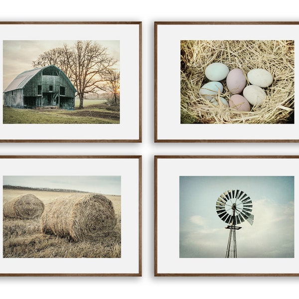 Blue Farmhouse Kitchen Wall Decor - A Set of 4 Country Photography Prints w/ Barn, Hay, Fresh Eggs, Weather Vane