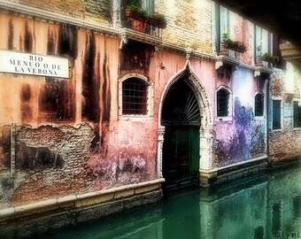 Venice Photography - pink doorway on a green canal venice travel wall print venice wall decor 8x10 11x14 16x20 europe -  "Venetian Rainbow"