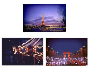 Paris Night Print Set - set of 3 purple blue prints 8x10 eiffel tower arc de triomphe triumph paris wall decor 11x14 paris wall art 5x7