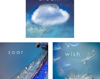 Nursery Typography Print Set - 3 blue prints 10x10 dandelion dragonfly cloud 8x8 baby shower dream wish soar 20x20 typographic art