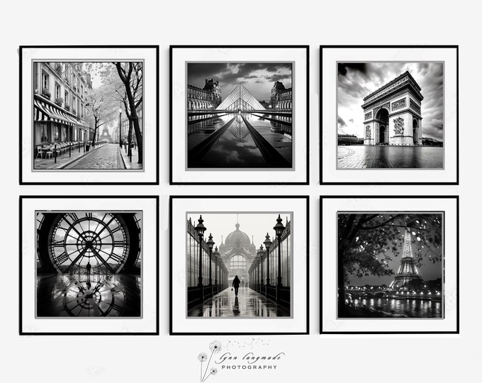 Set di stampe con monumenti di Parigi - Set di 6 fotografie con la Torre Eiffel, il Louvre, l'Arco di Trionfo e altro ancora