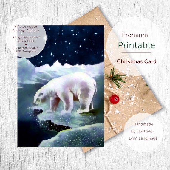 Snowy Holiday Card Template Digital Download 5x7 Folded Card Template Polar Bear North Star Printable Xmas Bolar Bear Printable Card