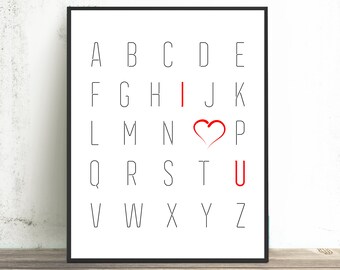Valentines Gift - I Love You Word Art, Alphabet Poster, Minimalist Black and White Wall Art, Gifts for Husband, 11x14, 16x20, 20x24