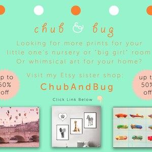 May include: A promotional image with a light green background, featuring the text "chub & bug" and "ChubAndBug". It advertises prints for nurseries and homes, with a "up to 50% off" offer. The image includes examples of art prints.
