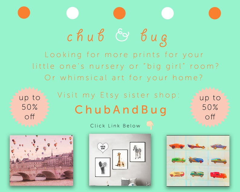 May include: A promotional image with a light green background, featuring the text "chub & bug" and "ChubAndBug". It advertises prints for nurseries and homes, with a "up to 50% off" offer. The image includes examples of art prints.