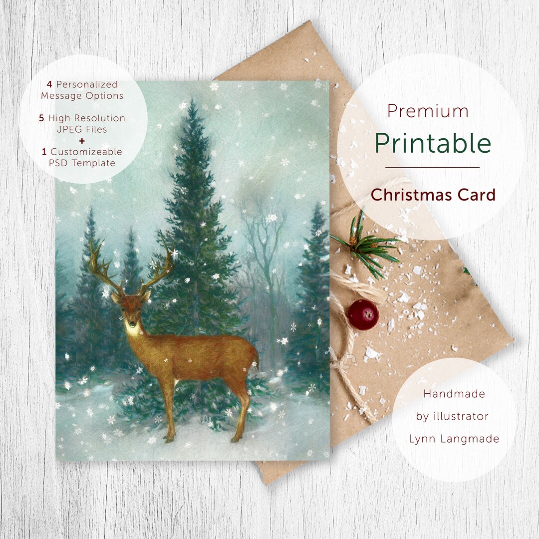 printable-christmas-card-holiday-card-template-reindeer-with-douglas-fir-christmas-tree-5x7-premium-printable-photoshop-template-etsy