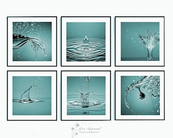 Water Drop Bathroom Wall Art Set - Set of 6 Closeup Photos of Water Splashing