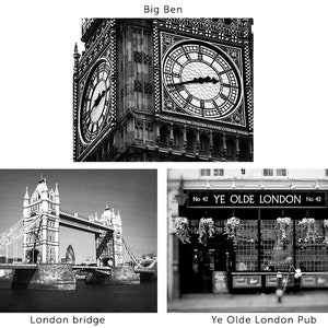 Puede incluir: Im&aacute;genes en blanco y negro de Londres. Incluye la torre del reloj Big Ben, el Puente de Londres y el pub "Ye Olde London Pub". El letrero del pub muestra el n&uacute;mero 42.
