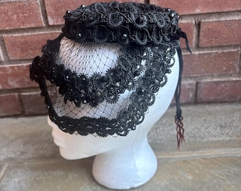 Exclusively Doree Black Lace, Beaded Veiled Pillbox hat