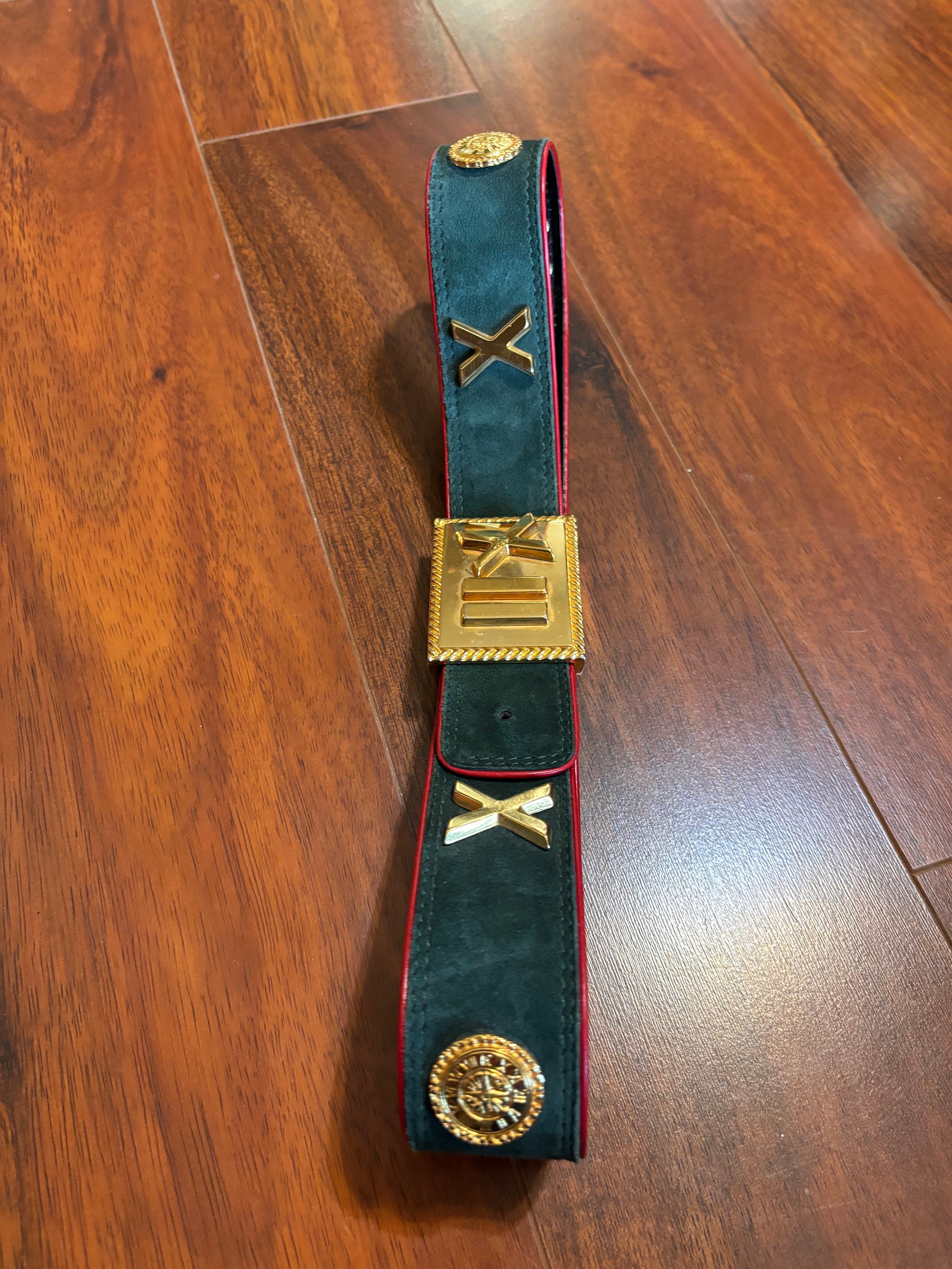 Escada Belt Green Suede with Red edging,  Gold Buckle and Gold Roman Numerals Escada Camel Suede Signature Belt main image 4