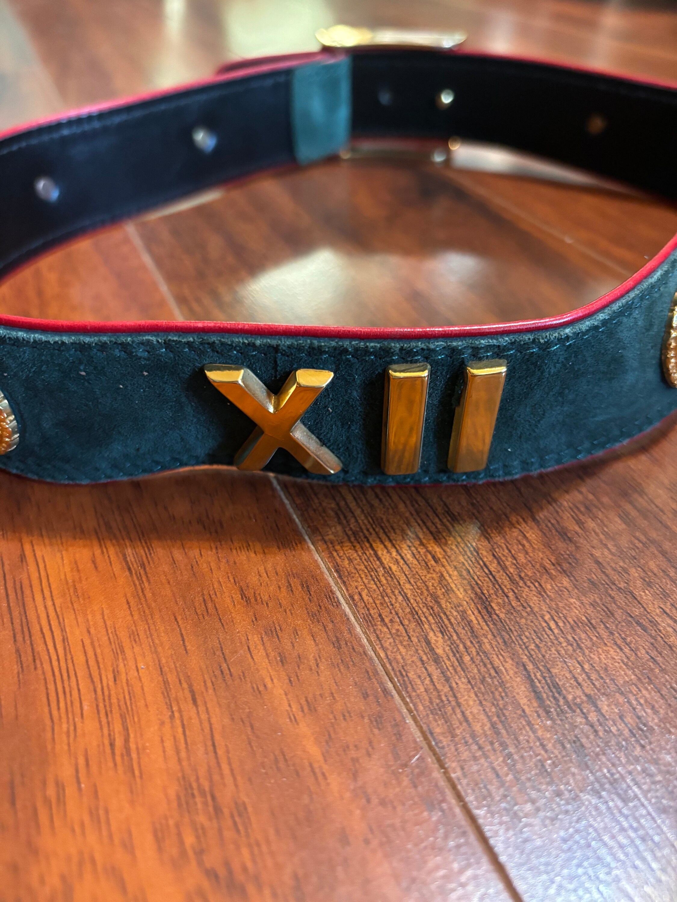 Escada Belt Green Suede with Red edging,  Gold Buckle and Gold Roman Numerals Escada Camel Suede Signature Belt main image 3