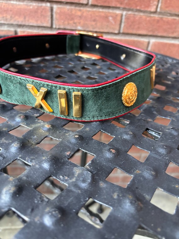 Escada Belt Green Suede with Red edging,  Gold Buckle and Gold Roman Numerals Escada Belt Green Suede With Red Edging, Gold Buckle and  main image 2