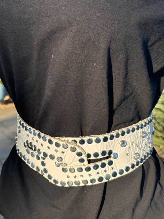 Sheila Kaufman, White, Leather, Crystal and Stud embellished Wide Belt, 1980s Sheila Kaufman, White, Leather, Crystal and Stud Embellished  main image 2
