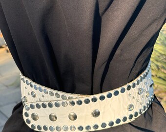 Sheila Kaufman, White, Leather, Crystal and Stud embellished Wide Belt, 1980s Sheila Kaufman, White, Leather, Crystal and Stud Embellished  main image 3