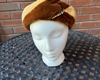 Vintage Pillbox Hat Bow Brown Velvet Junior B Retro Turban 